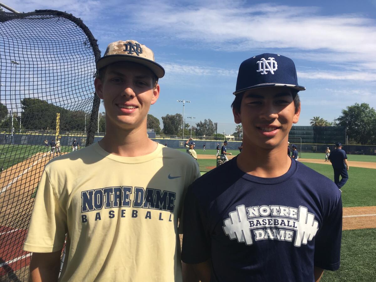 Sophomore Carter Kessinger (left) and freshman Lucas Gordon picked up pitching victories for Sherman Oaks Notre Dame last week.