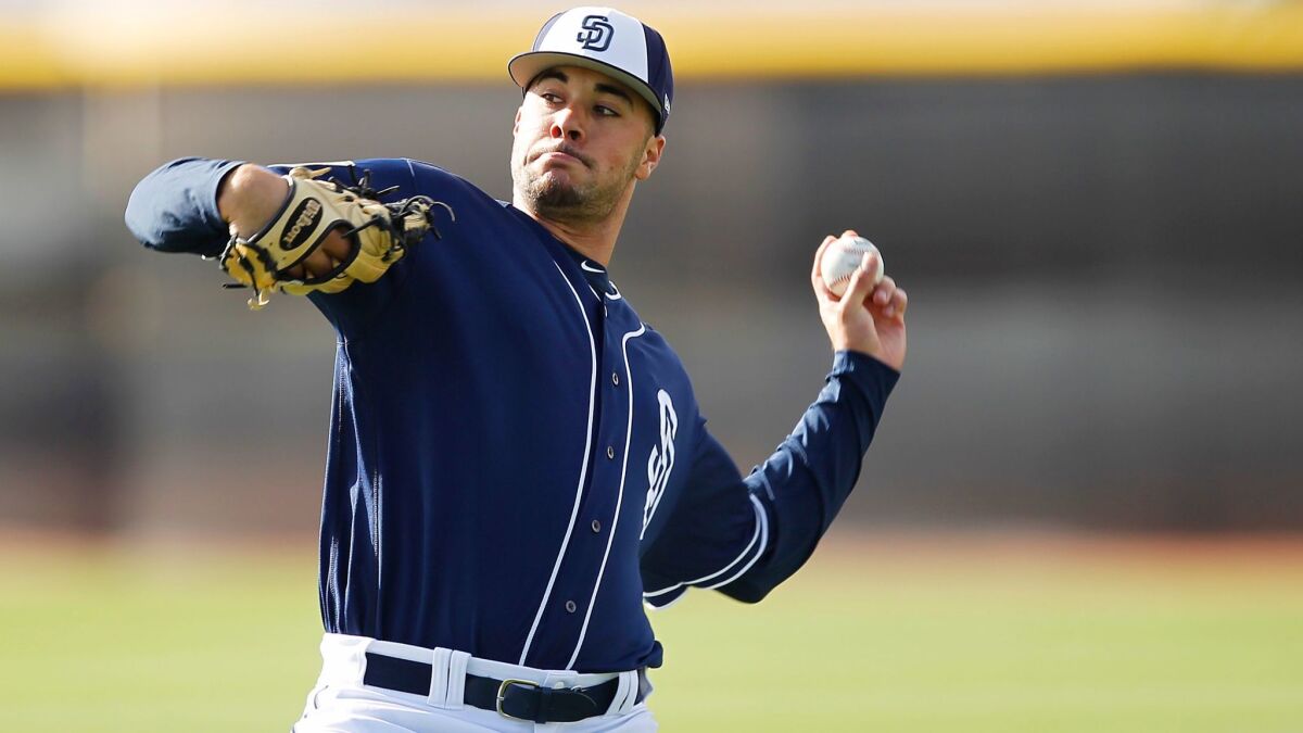 San Diego Padres starting pitcher Joey Lucchesi throws to the