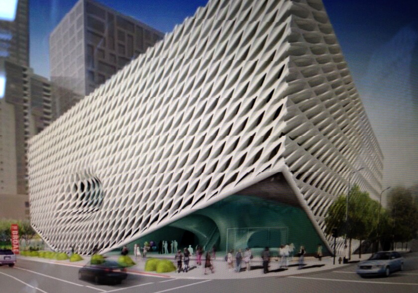 An artist rendering of the Broad from 2nd Street and Grand Avenue, the newest contemporary art museum in Los Angeles, currently under construction at 221 S. Grand Ave.