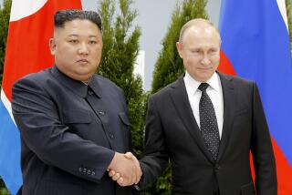 FILE - Russian President Vladimir Putin, right, and North Korea's leader Kim Jong Un shake hands during their meeting in Vladivostok, Russia on April 25, 2019. (AP Photo/Alexander Zemlianichenko, Pool, File)