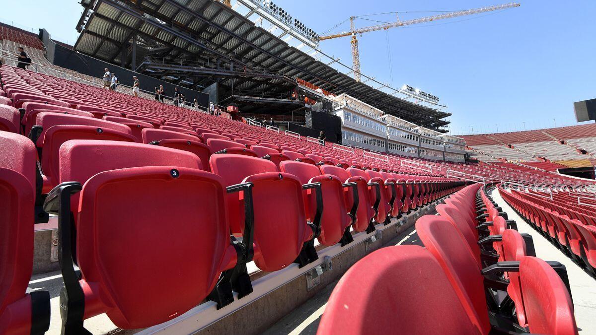 A view of the new seats as construction continues on the new suites, owner boxes and press box at the Coliseum.