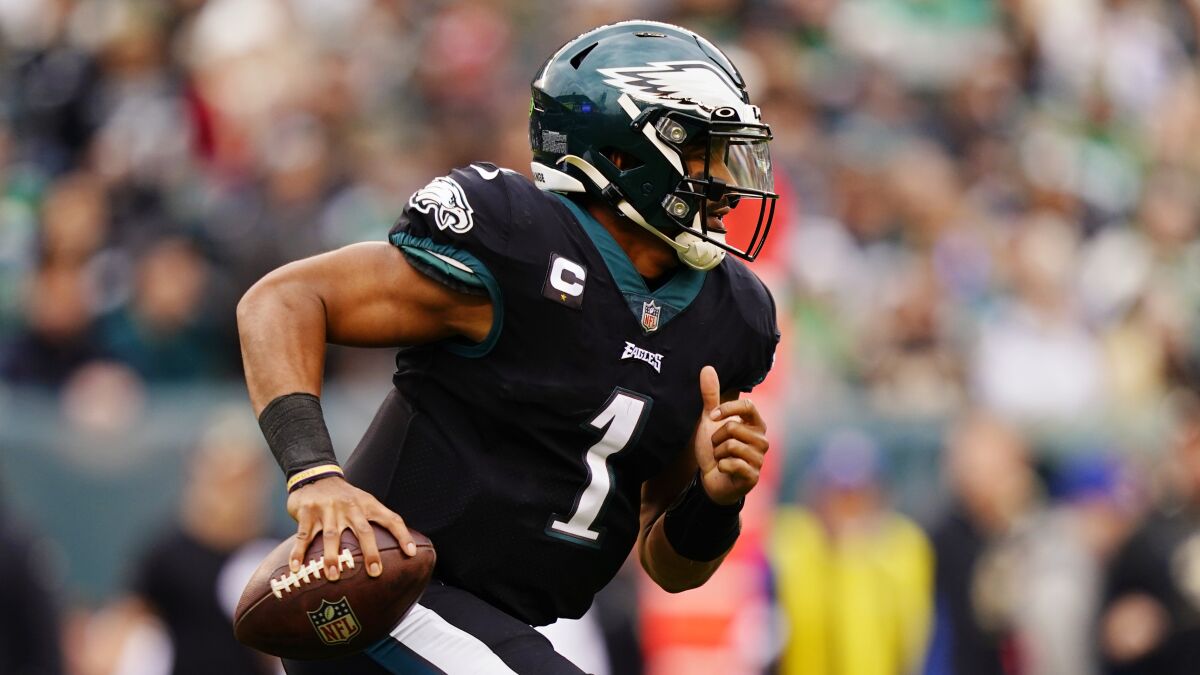 Philadelphia Eagles' Jalen Hurts plays during a game.