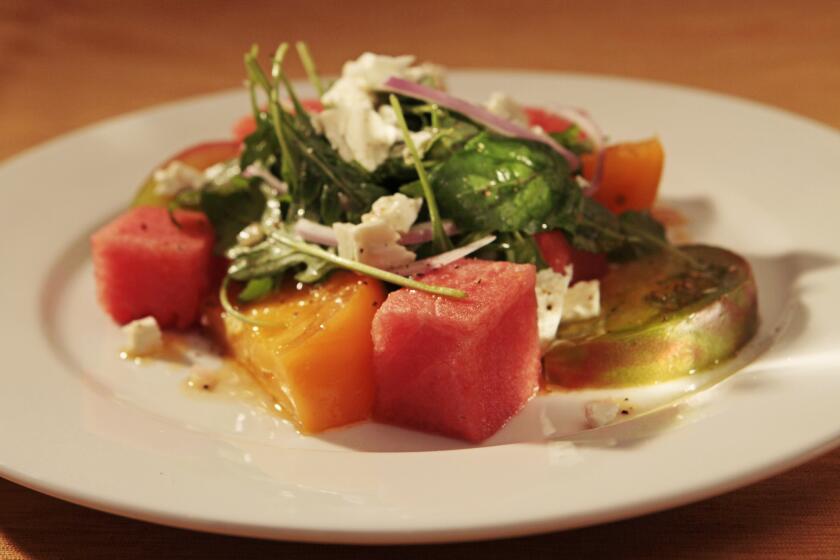 A refreshing summer salad from The Hungry Cat. Recipe: Tomato and watermelon salad