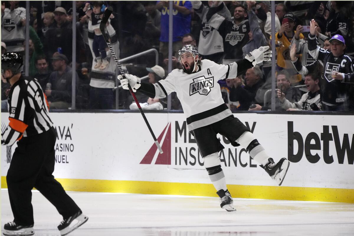 Kings defenseman Drew Doughty rejoices after he scored during the third period March 25, 2023.