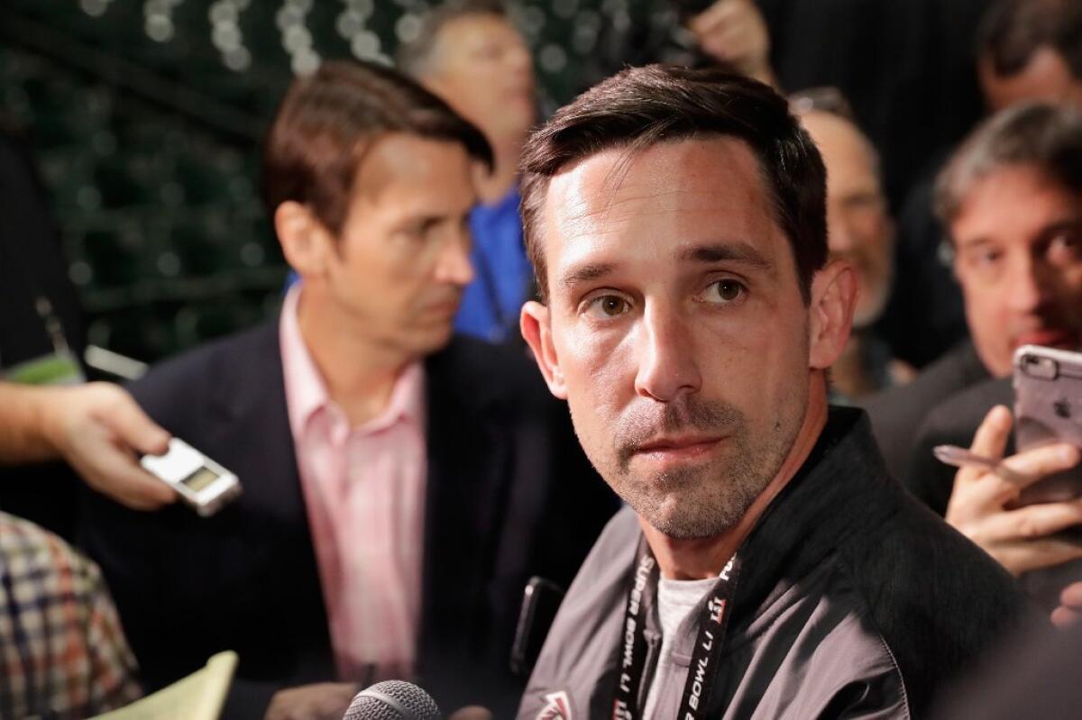 Falcons offensive coordinator Kyle Shanahan speaks with the media during Super Bowl L1 media night at Minute Maid Park on Jan. 30.