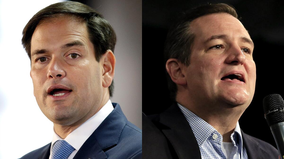 Republican presidential candidates Marco Rubio, left, and Ted Cruz are in the second tier of GOP contenders, according to a new USC Dornsife/Los Angeles Times poll.