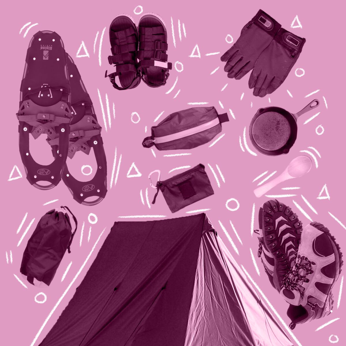Illustration of tent, snowshoes and other gear