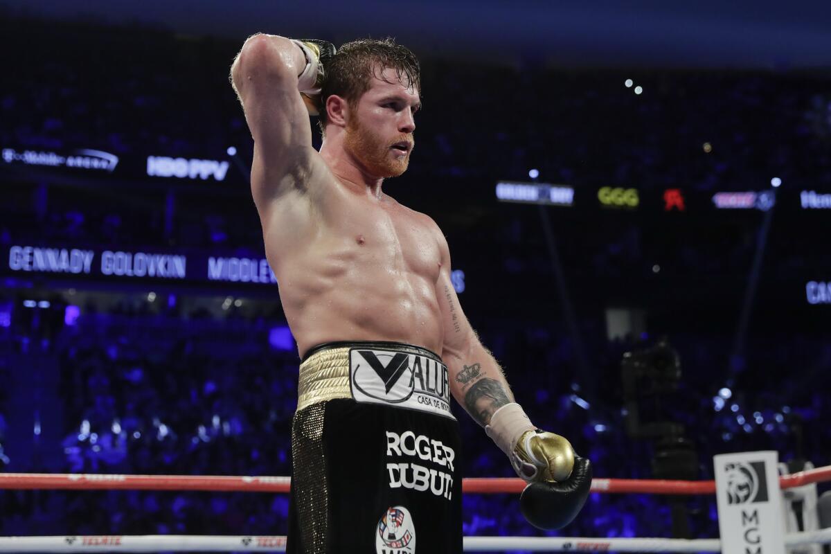 Canelo Alvarez reacts after a middleweight title boxing match against Gennady Golovkin, Saturday, Sept. 15, 2018, in Las Vegas.
