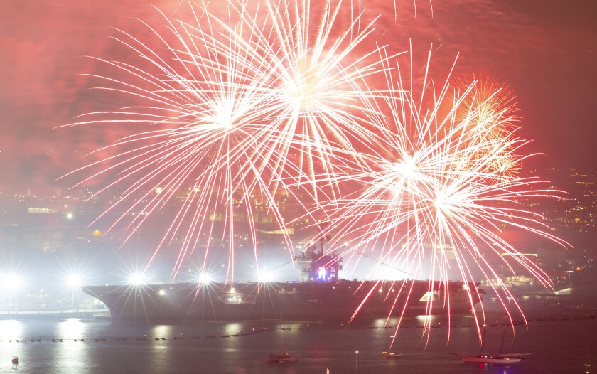 Fireworks fill the sky near the aircraft carrier Theodore Roosevelt above San Diego Bay during the "Big Bay Boom."