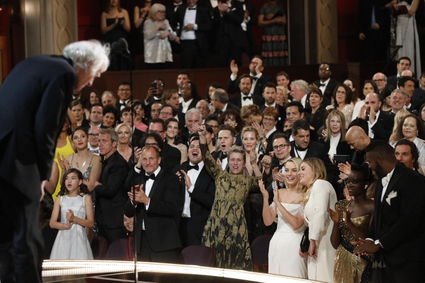 Roger Deakins, the cast of "Three Billboards Outside Ebbing, Missouri" and the audience, from backstage at the 90th Academy Awards on Sunday at the Dolby Theatre in Hollywood.