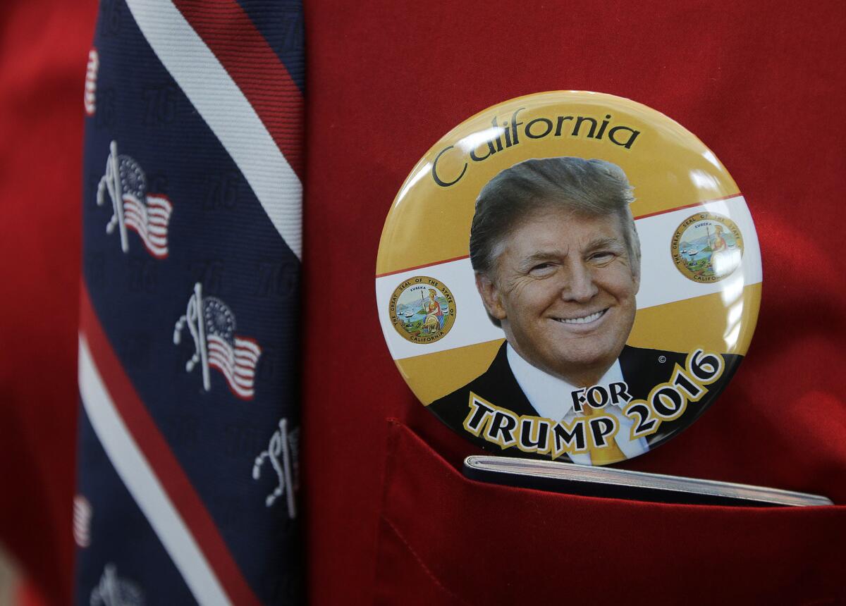 Donald Trump buttons were a hot item at the California Republican Party convention on April 29, 2016.