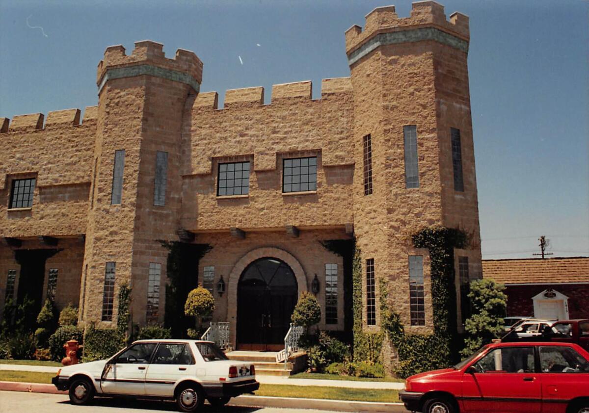 A castle with two turrets stands on a quiet Burbank street