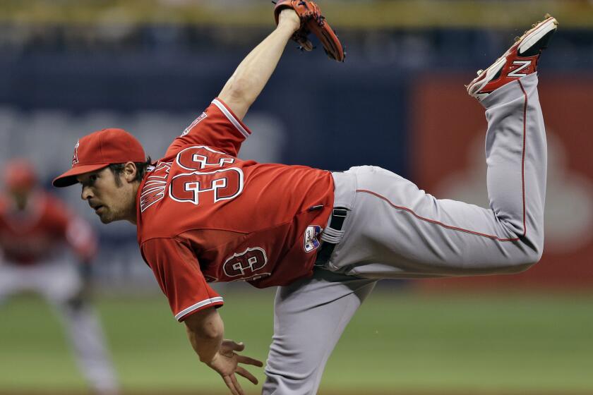 Angels pitcher C.J. Wilson gave up six runs and six hits in 1 1/3 innings of a 10-3 loss to the Tampa Bay Rays in Tropicana Field on Saturday night.