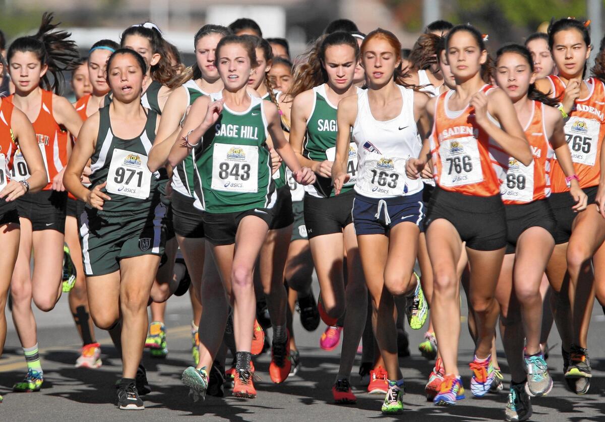 Emma Dickerson (843), pictured here in last week's CIF Southern Section girls' Division 5 race, led Sage Hill School to a ninth-place finish at the CIF State Championships in Fresno on Saturday.