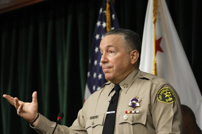 Los Angeles, California-Los Angeles County Sheriff Alex Villanueva addresses vaccine mandates at a news conference in downtown Los Angeles on Nov. 2, 2021. Villanueva warned the county's vaccine mandate is causing a ``mass exodus'' in the sheriff's department calling it an ``imminent threat to public safety'' if terminations occur in his department. (Carolyn Cole / Los Angeles Times)