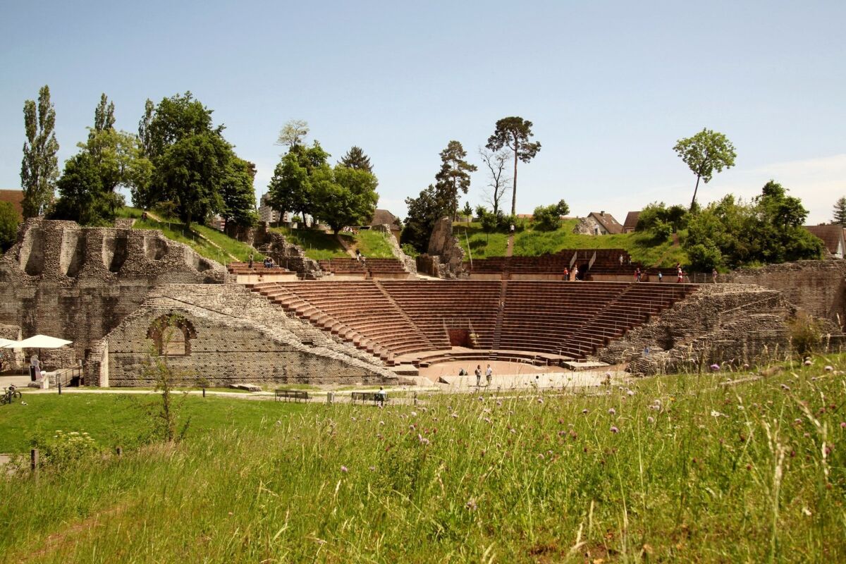 The reconstructed theater at Augusta Raurica held 10,000 people in its heyday in AD 200. Besides entertainment, the theater also was used for political and religious gatherings. The town had a separate amphitheater where gladiators performed their deadly combat. — Augusta Raurica Museum