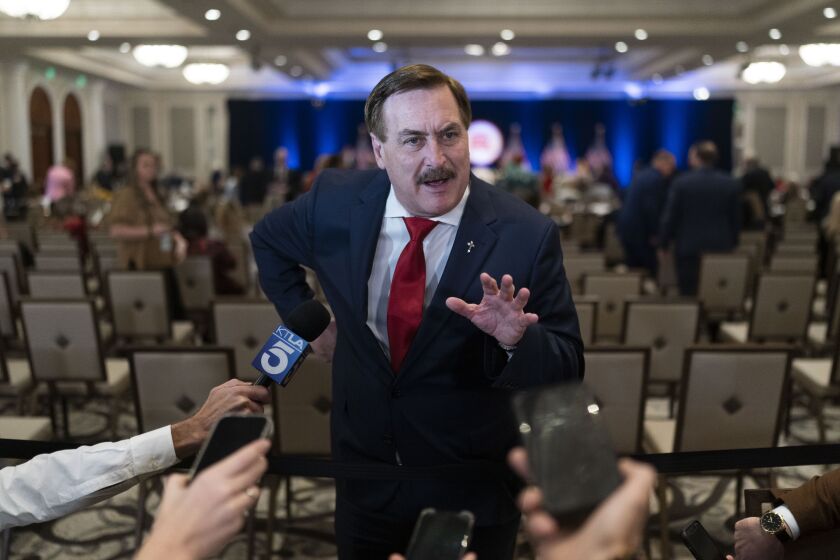 MyPillow CEO Mike Lindell talks to reporters at the Republican National Committee winter meeting in Dana Point, Calif., Friday, Jan. 27, 2023. (AP Photo/Jae C. Hong)