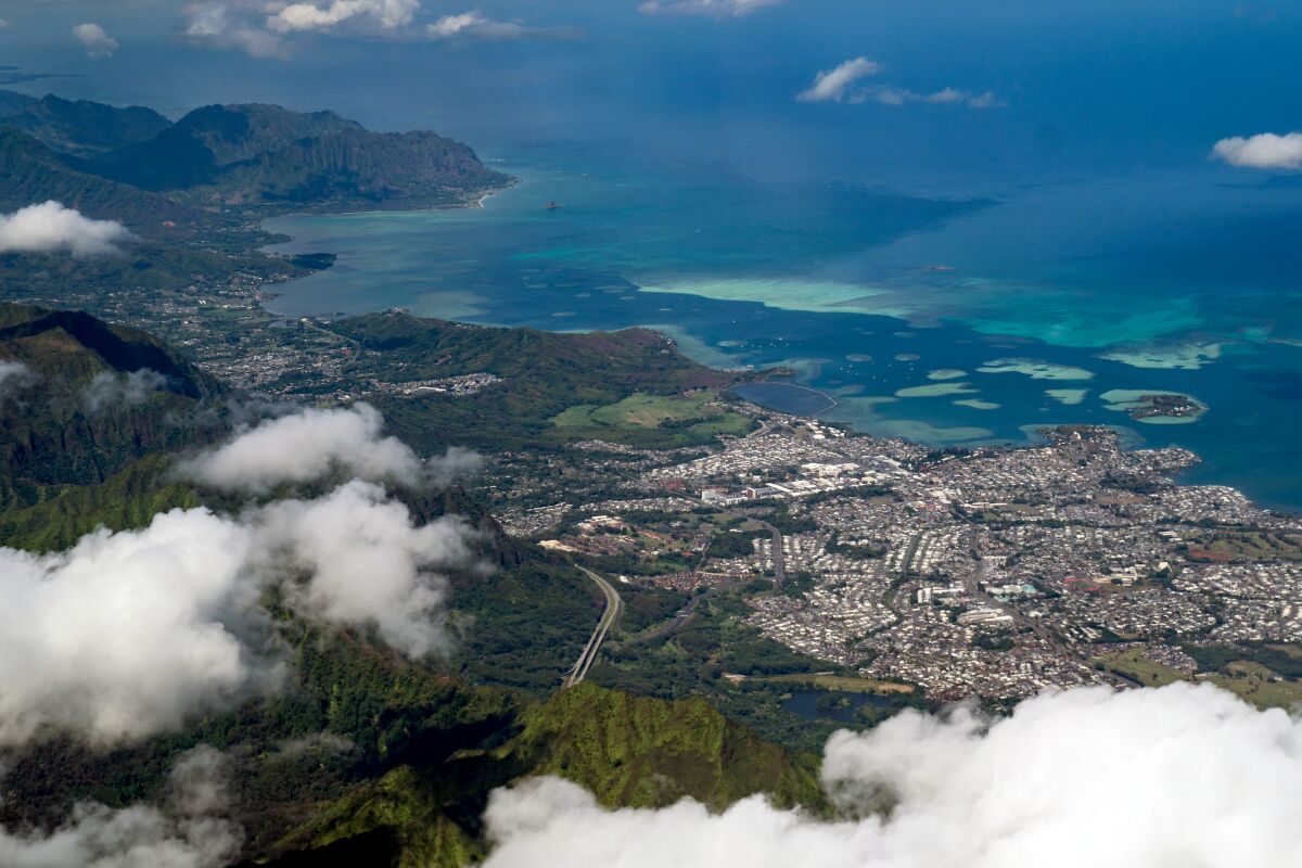 Kaneohe Bay, along the Koolau Mountain Range, as seen from an Oct. 15 Hawaiian Airlines flight.