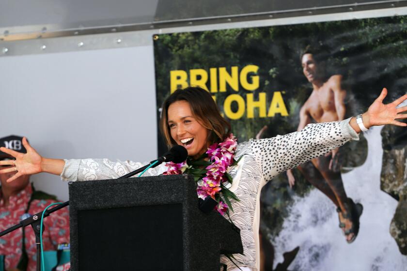 Sally Fitzgibbons during the 30th Anniversary Surfing Walk of Fame Induction Ceremony dedicated to Duke Kahanamoku in front of Jack's Surfboards in Huntington Beach on Thursday, August 8, 2024. (Photo by James Carbone)