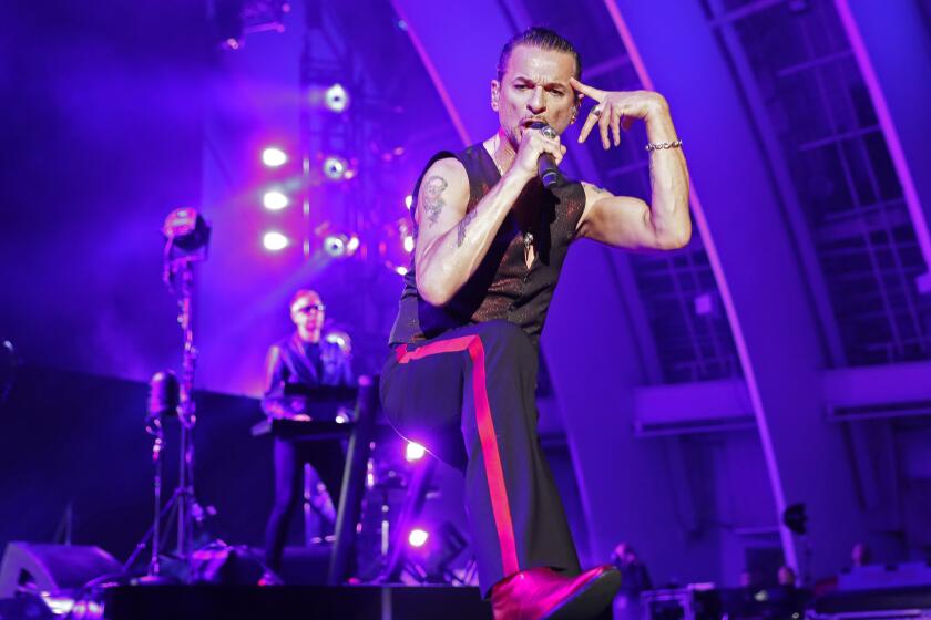 Depeche Mode frontman Dave Gahan and keyboard player Andy Fletcher perform on Thursday at the Hollywood Bowl, the first of four nights at the venue as part of their Global Spirit tour.