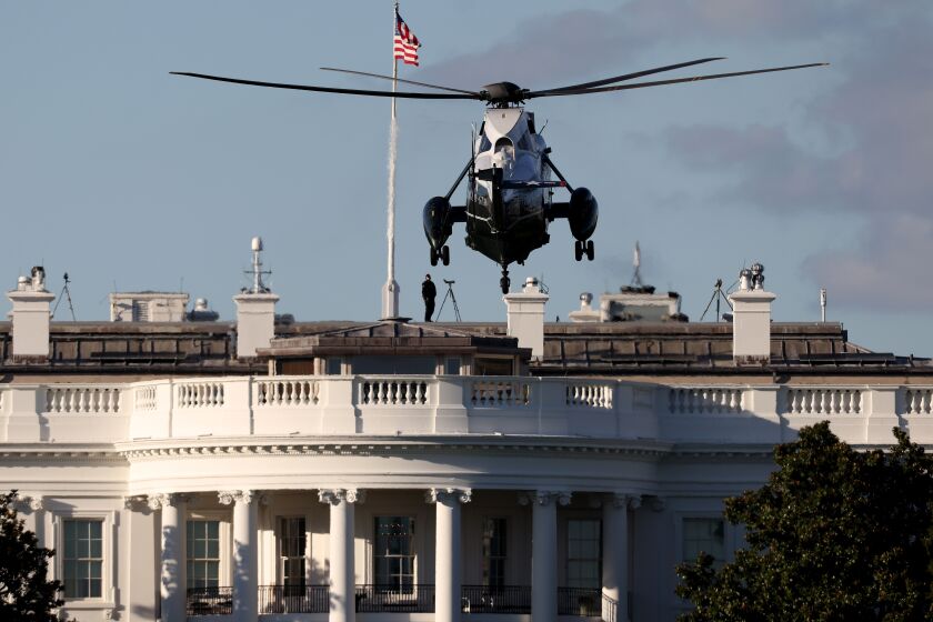 WASHINGTON, DC - OCTOBER 02: Marine One, the presidential helicopter, arrives at the White House to carry U.S. President Donald Trump to Walter Reed National Military Medical Center October 2, 2020 in Washington, DC. Trump announced earlier today via Twitter that he and U.S. first lady Melania Trump have tested positive for coronavirus. (Photo by Win McNamee/Getty Images)