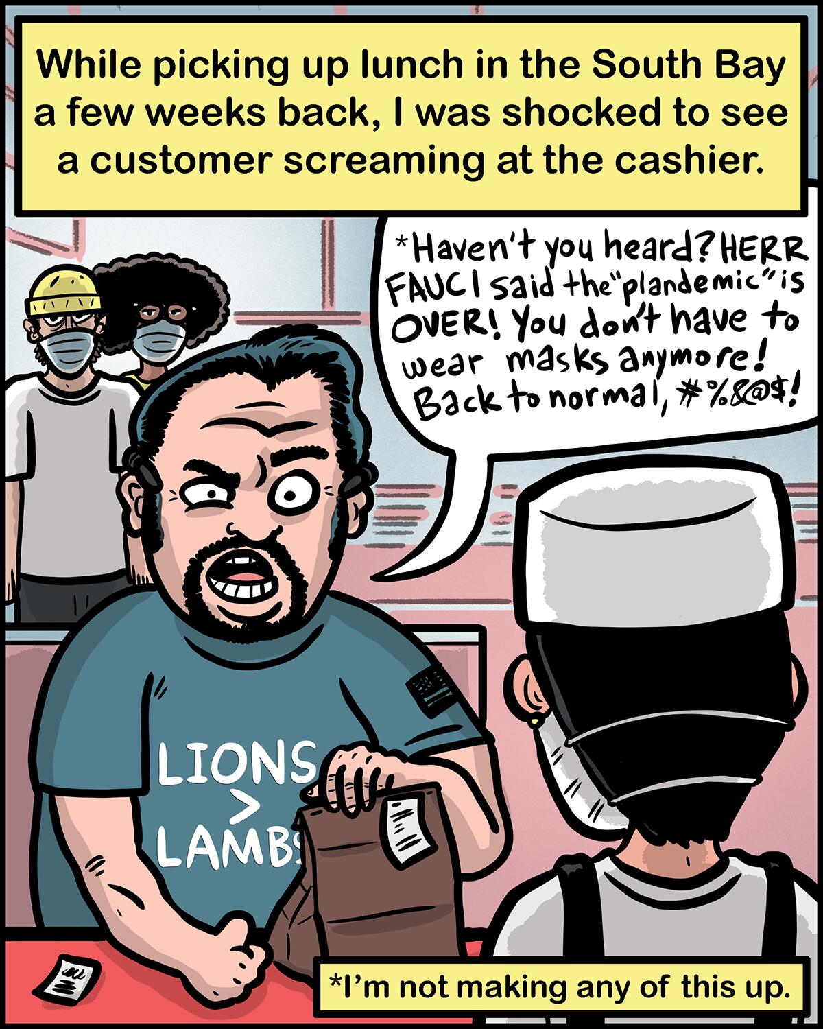 A customer is rude to a clerk while a couple wearing masks watches.