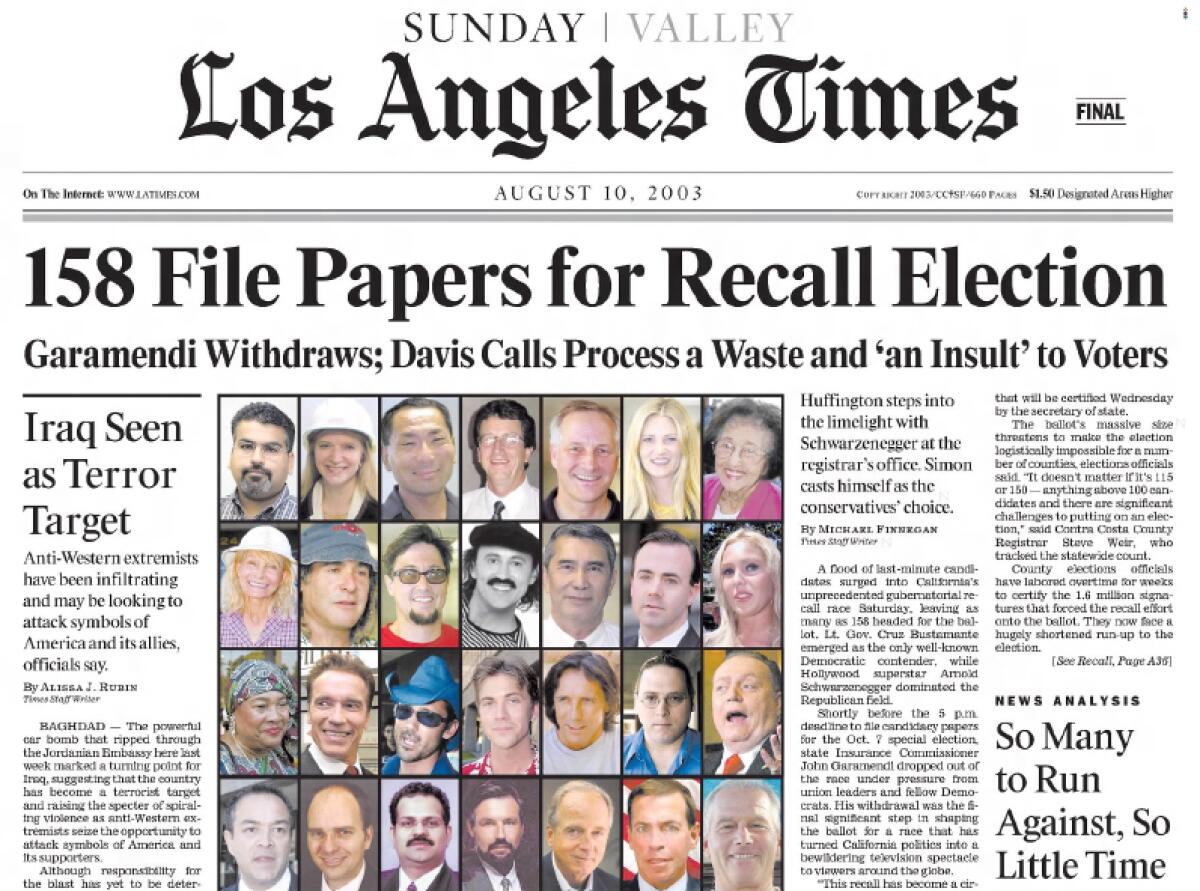 A Los Angeles Times front page with the big headline "158 File Papers for Recall Election."