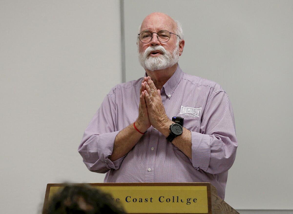 Father Greg Boyle, founder of Los Angeles' Homeboy Industries, speaks at Orange Coast College Tuesday.
