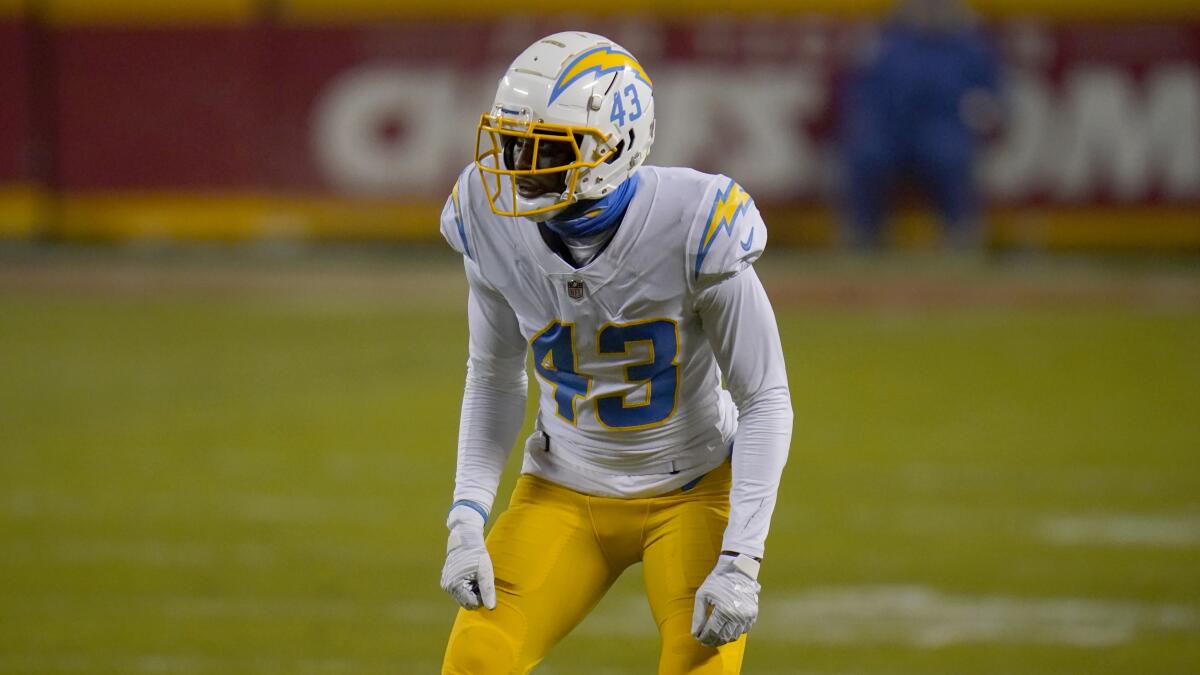 Chargers cornerback Michael Davis looks on during a game against the Chiefs on Jan. 3.
