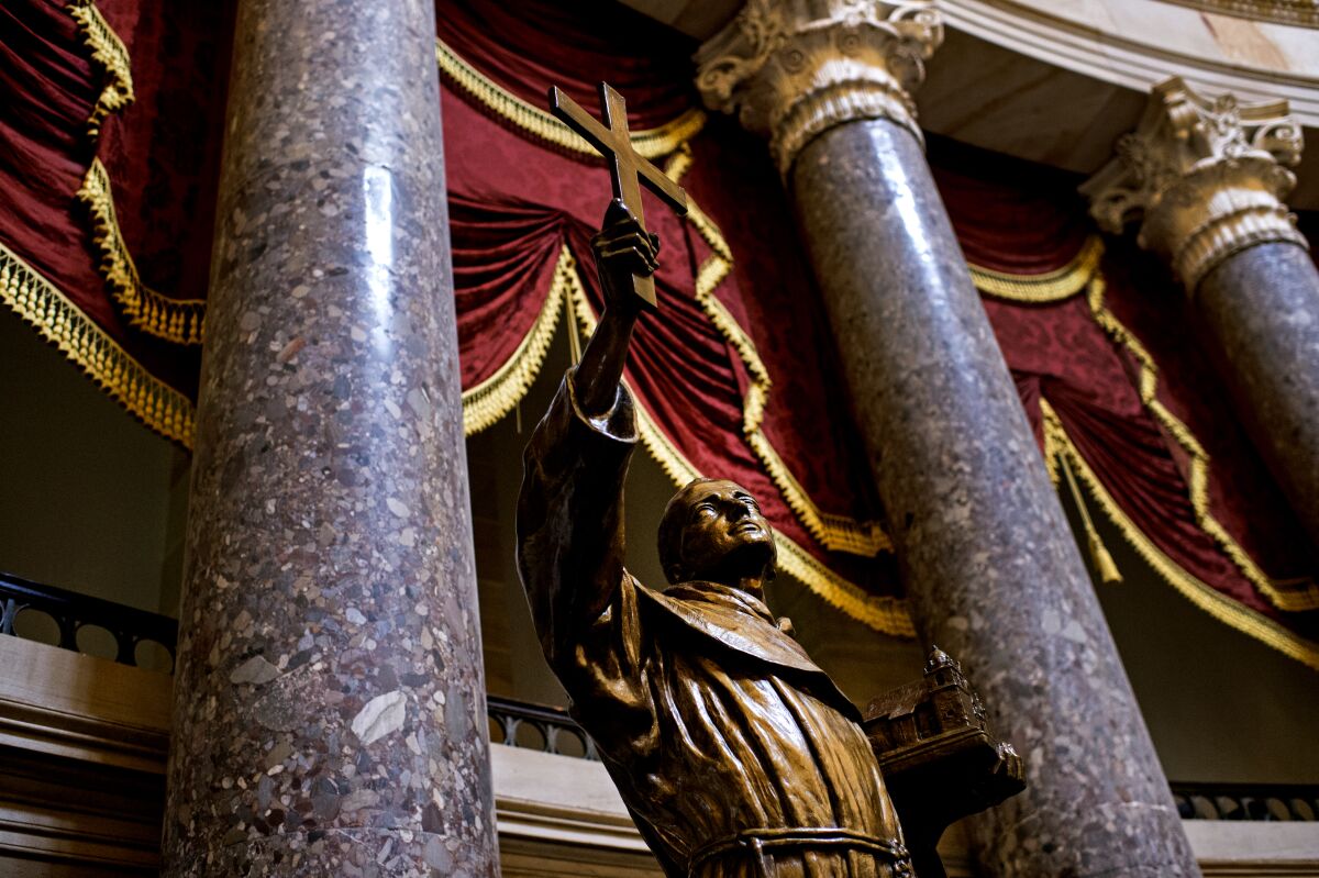 The statue of Junipero Serra stands in Statuary Hall in the U.S. Capitol