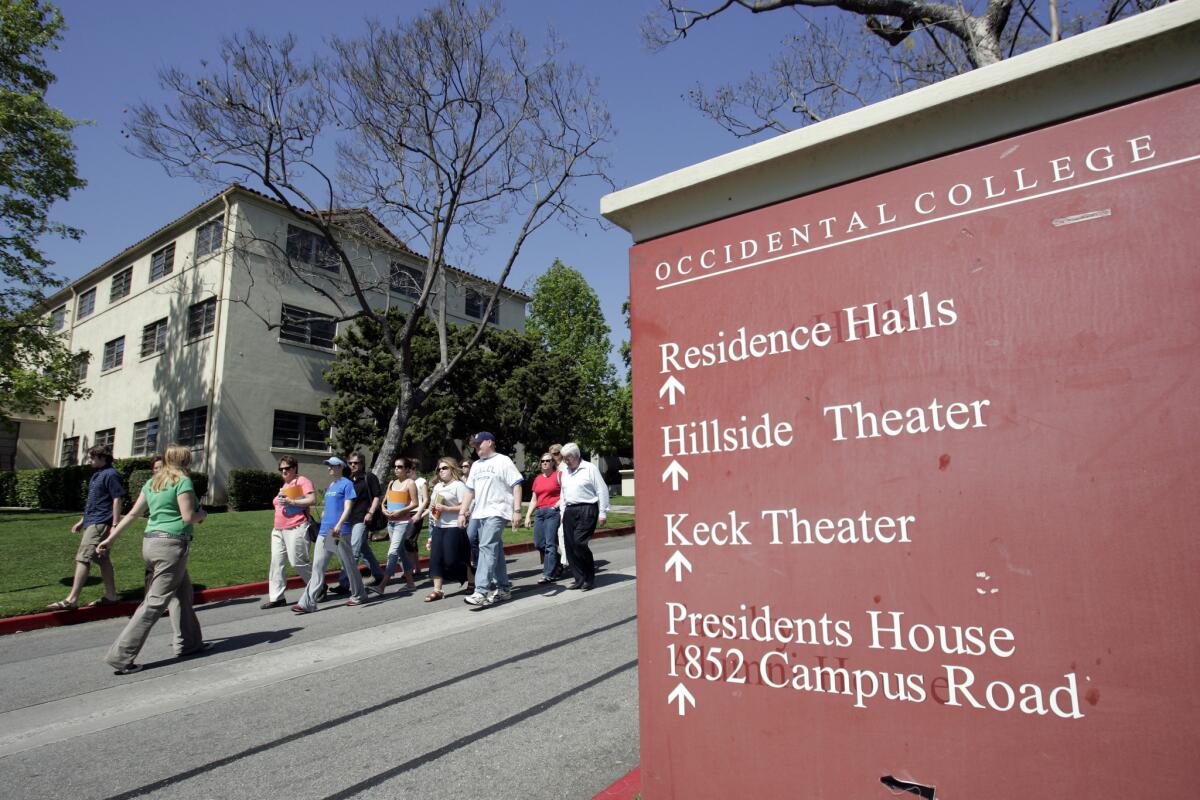 Students stroll the campus at Occidental College in Eagle Rock, north of downtown Los Angeles.