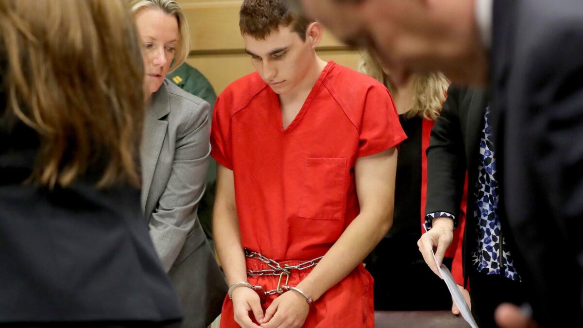 Nikolas Cruz appears in court for a hearing last month. On Wednesday, he was charged with 17 counts of first-degree murder.