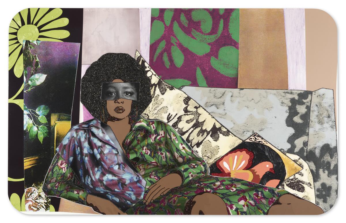 Mickalene Thomas, "Afro Goddess Looking Forward," 2015, rhinestones, acrylic and oil on wood panel