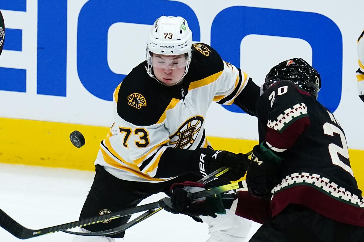 Boston Bruins defenseman Charlie McAvoy (73) and Arizona Coyotes center Riley Nash (20) battle for the puck during the first period of an NHL hockey game Friday, Jan. 28, 2022, in Glendale, Ariz. (AP Photo/Ross D. Franklin)