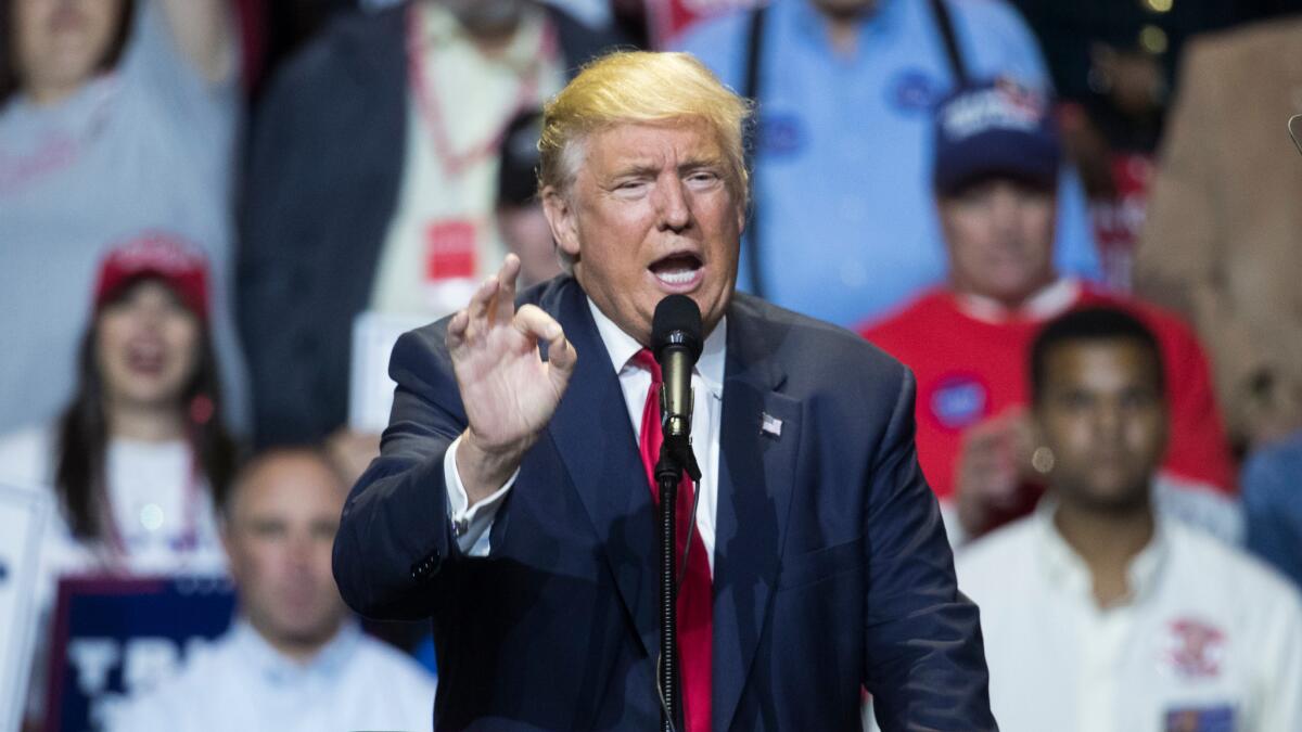 Republican presidential candidate Donald Trump speaks during a campaign rally, Thursday, Oct. 13, 2016, in Cincinnati.