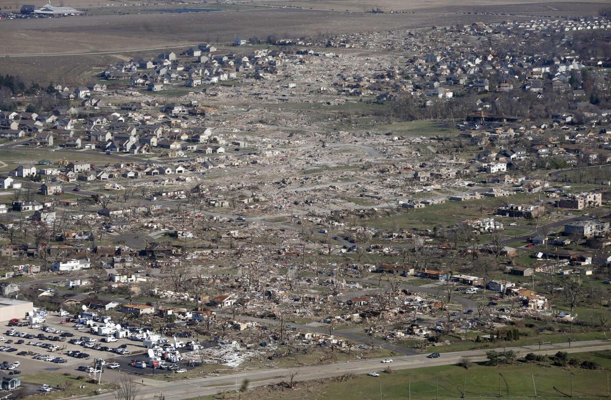 This aerial photo shows the path of a tornado that hit the western Illinois town of Washington on Nov. 17. On Tuesday, Jacob Montgomery learned his dog had somehow survived the disaster.