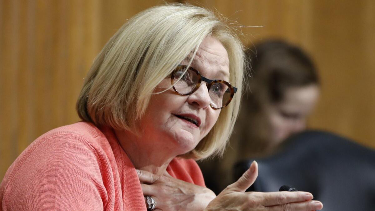 Sen. Claire McCaskill (D-Mo.) asks a question during a Senate Finance Committee hearing.