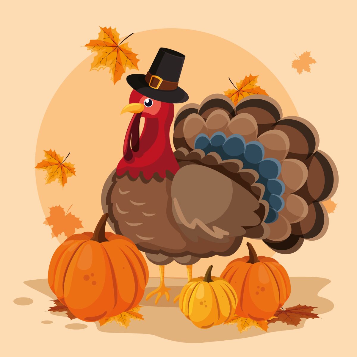 turkey with pumpkins and hat