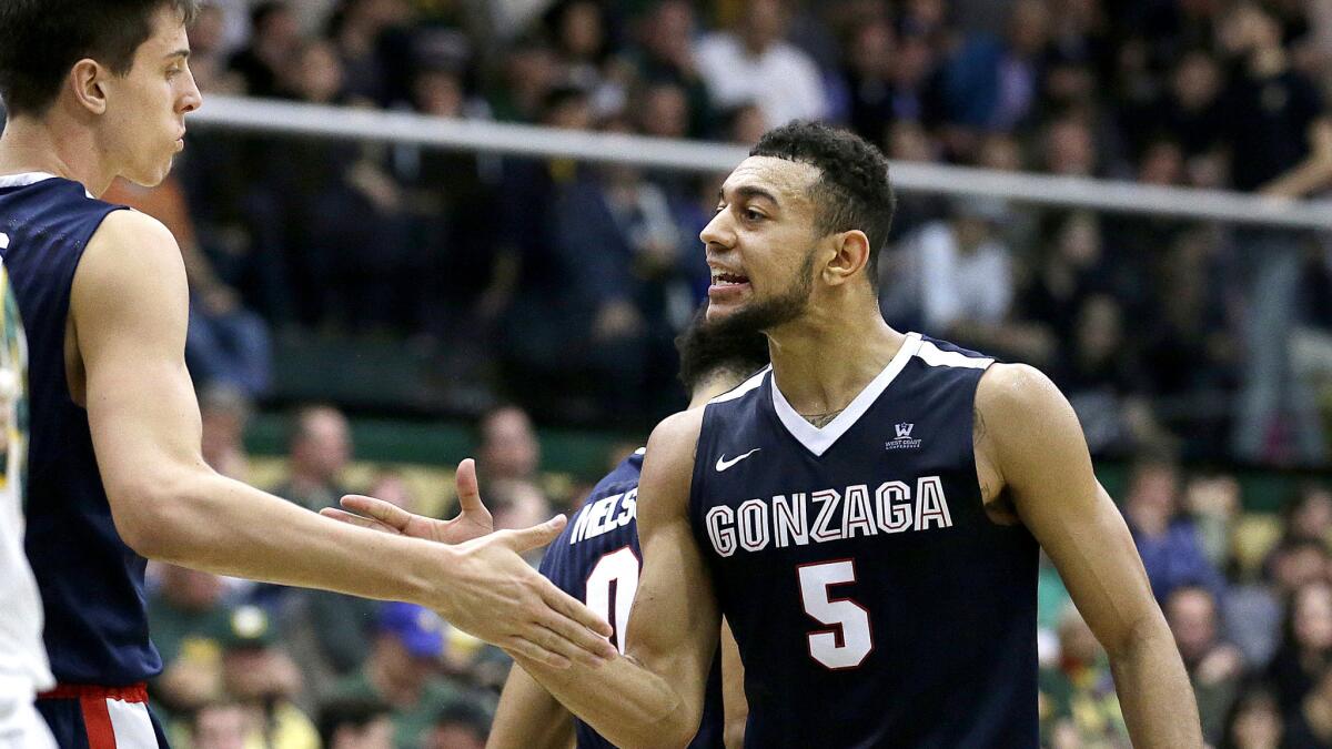 Gonzaga guard Nigel Williams-Goss (5) celebrates with forward Zach Collins after scoring two of his career-high 36 points against San Francisco earlier this season.