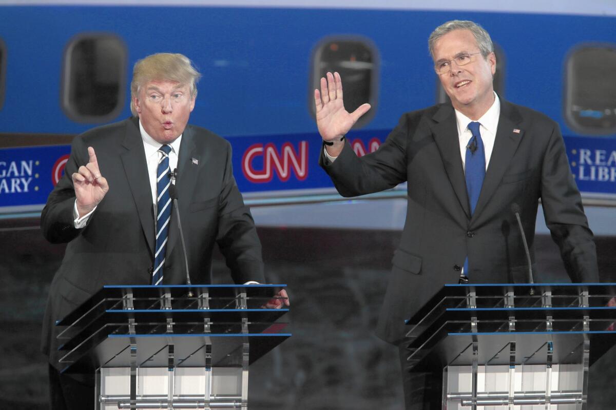 Some California Republicans are reconsidering their support for presidential candidates Donald Trump, left, and Jeb Bush after the recent GOP debate.