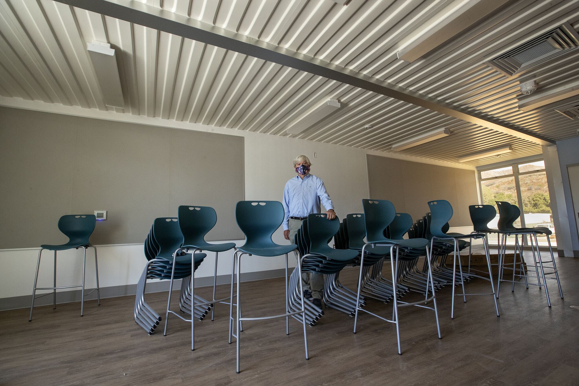 Supt. Tony Knight of Oak Park Unified in Ventura County inside a new classroom building made of shipping containers.