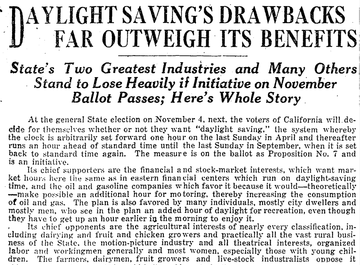 A Times article published Sept. 28, 1930 with the headline "Daylight saving's drawbacks far outweigh its benefits."