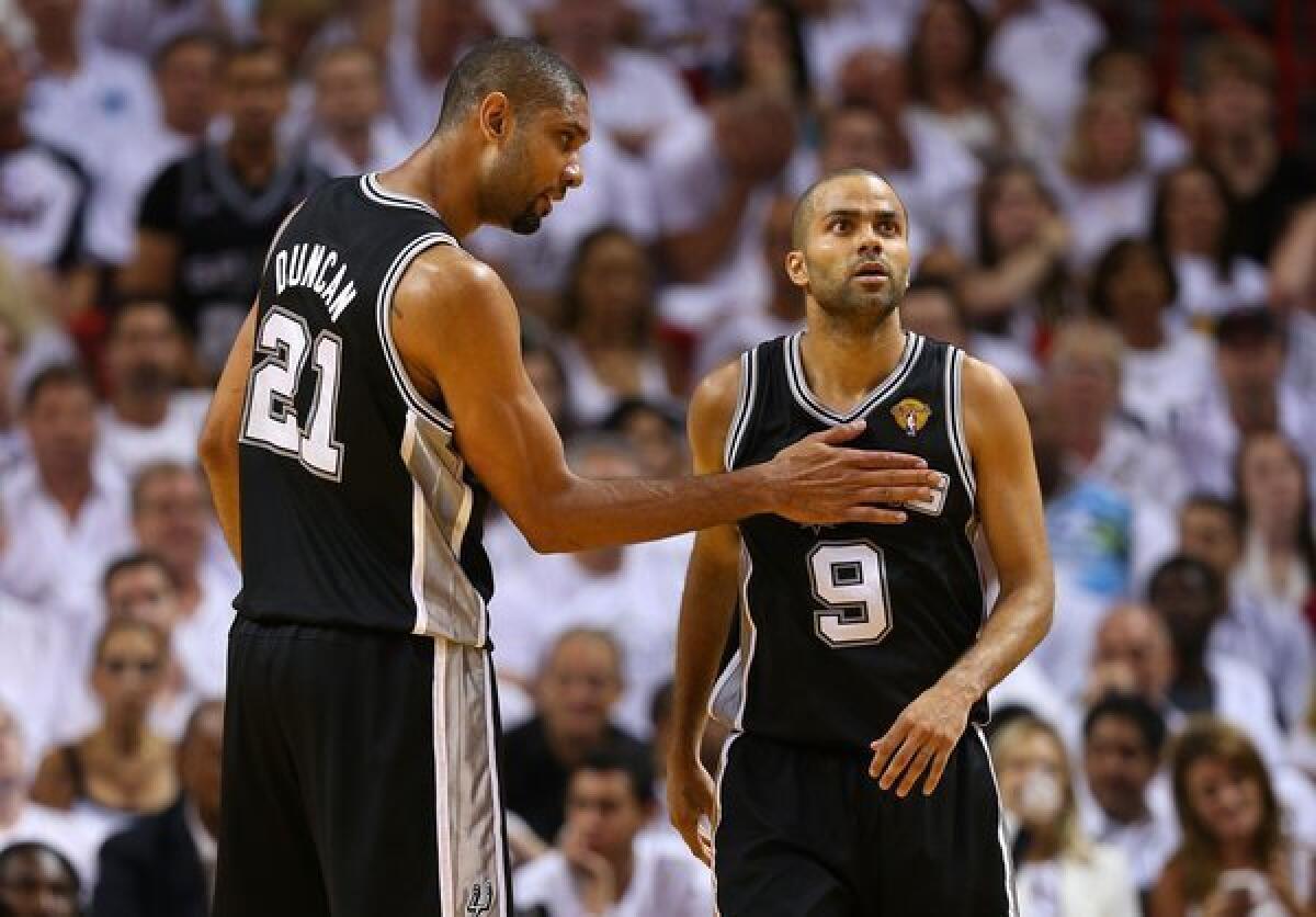 Tim Duncan, left, and Tony Parker will need to find a way to bounce back from the Spurs' disappointing finish in Game 6 of the NBA Finals.