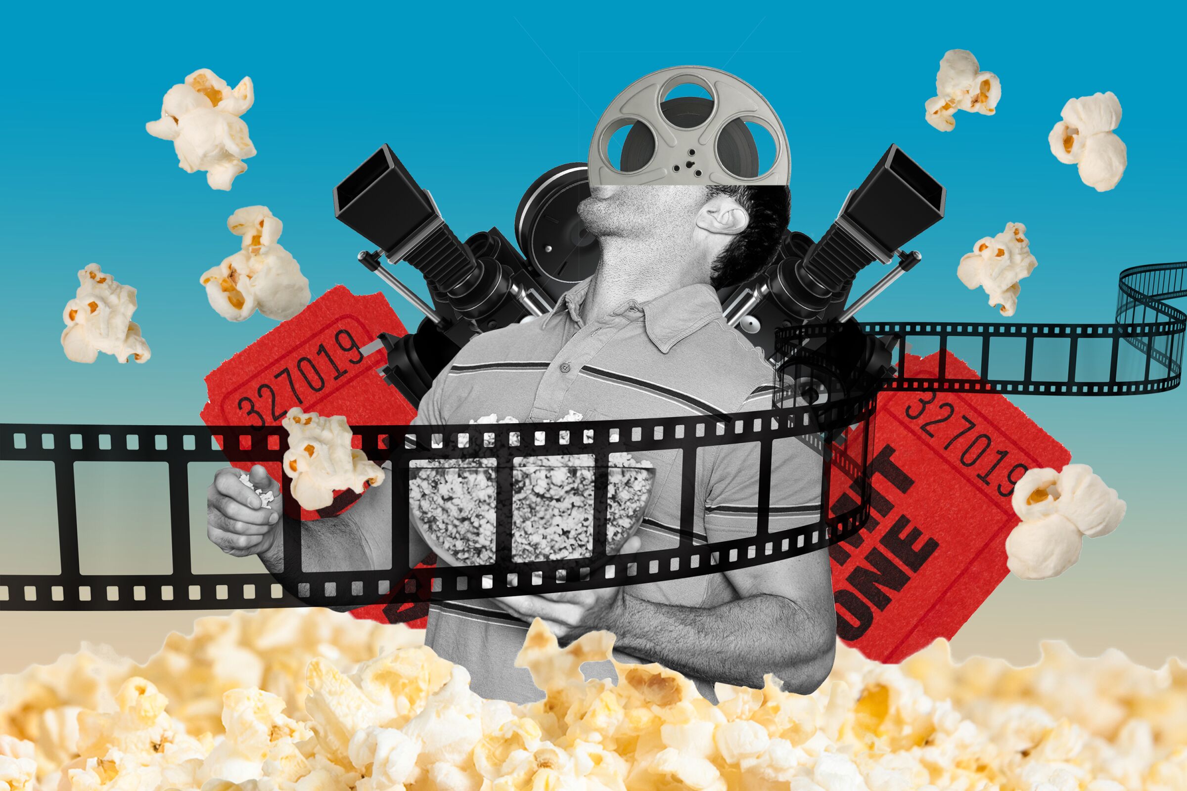 Surreal movie themed collage, a strip of film with a man with a reel of film for a head submerged in popcorn.