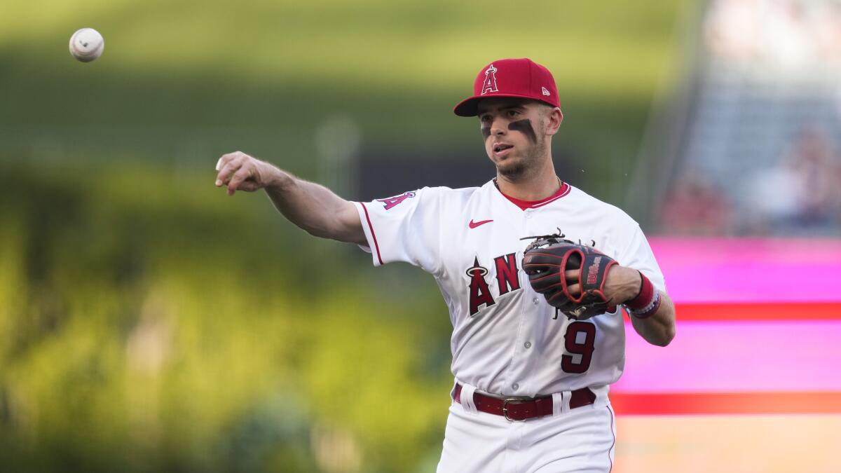 Angels shortstop Zach Neto warms up before a game against the Kansas City Royals in April.