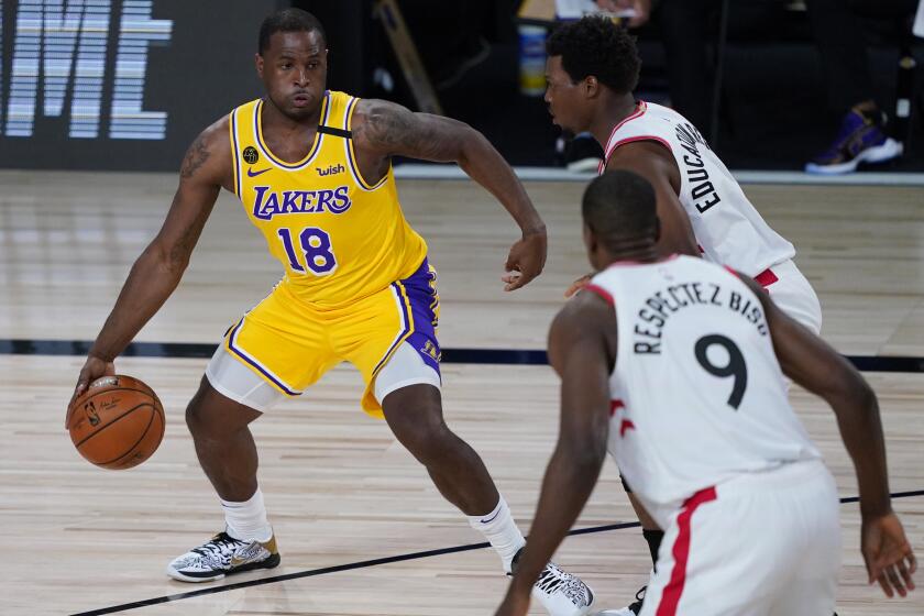 Los Angeles Lakers' Dion Waiters (18) plays against the Toronto Raptors during the first half of an NBA basketball game Saturday, Aug. 1, 2020, in Lake Buena Vista, Fla. (AP Photo/Ashley Landis, Pool)