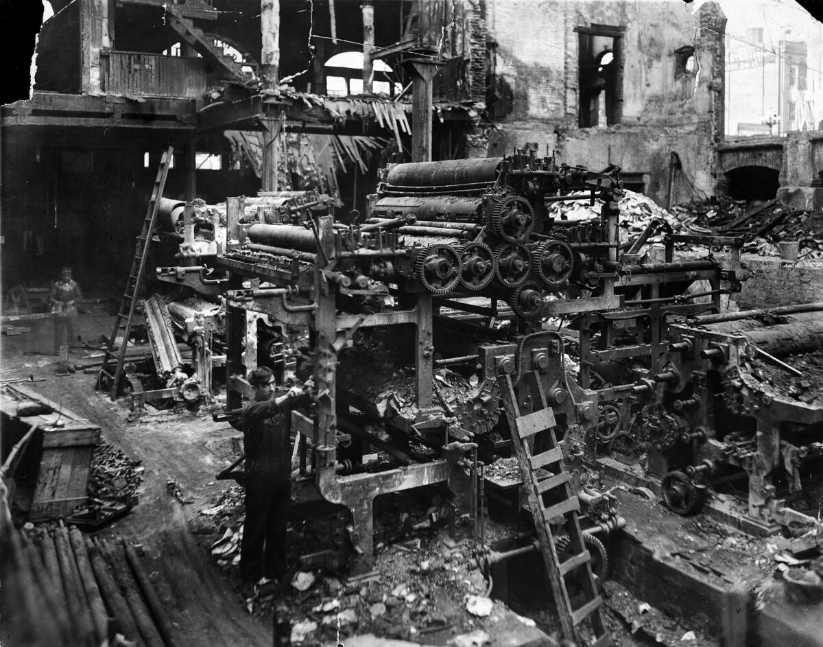 The burned-out press room following the bombing of the Los Angeles Times.