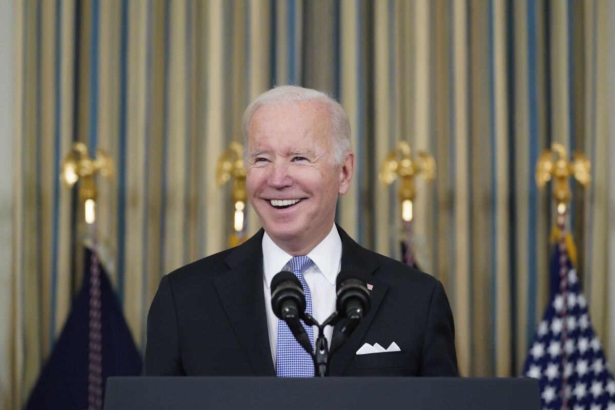 President Joe Biden speaks about the bipartisan infrastructure bill in the State Dinning Room of the White House, Saturday, Nov. 6, 2021, in Washington. (AP Photo/Alex Brandon)