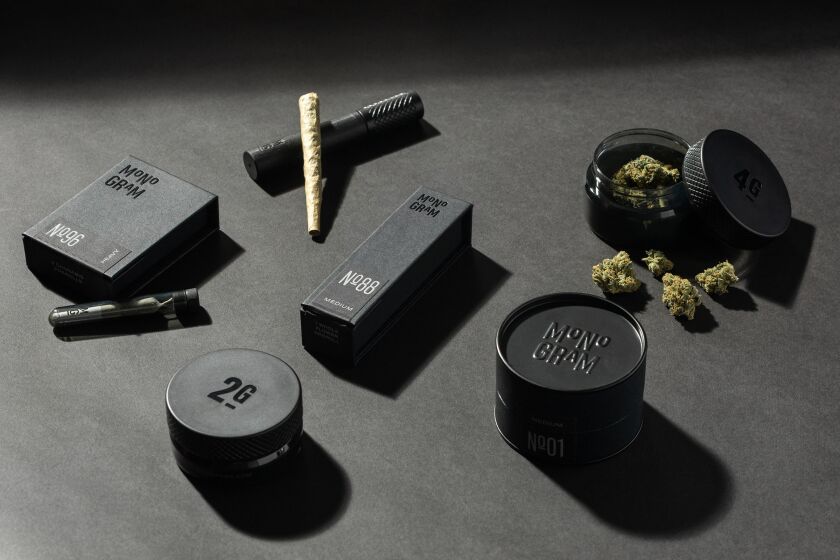 Monogram's products at launch include four packs of .4 gram pre-roll mini joints, clockwise from left, slow-burning 1.5 gram cigar-inspired hand roll, 4 gram and 2 gram jars of flower.