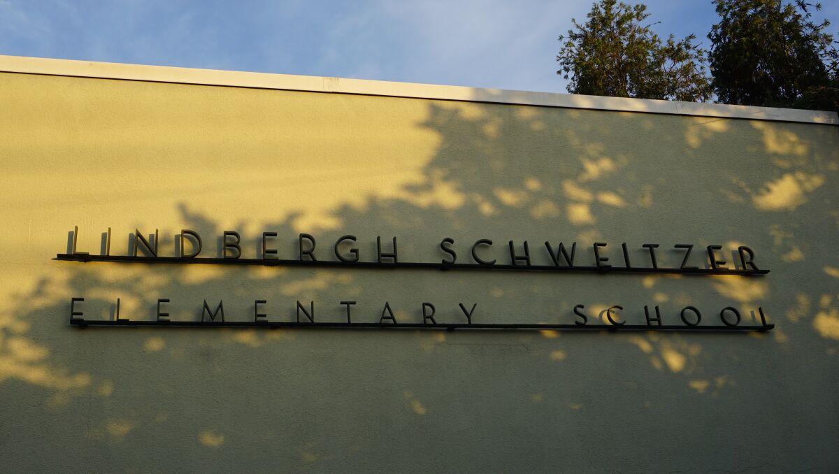 A photo of the name sign at Lindbergh-Schweitzer Elementary.